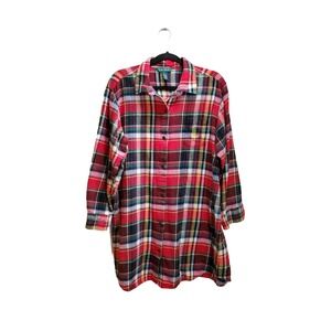 Lauren Ralph Lauren Women's XL Red Plaid Button Front Flannel Sleep Shirt Cabin